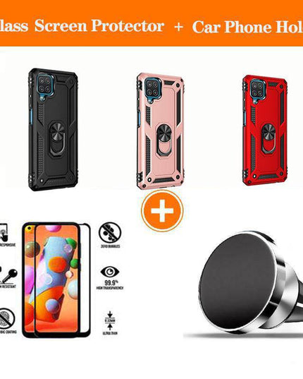 Samsung A12 Luxury Armor Ring Bracket Phone Case With 1-Pack Tempered Glass Screen Protector - Libiyi