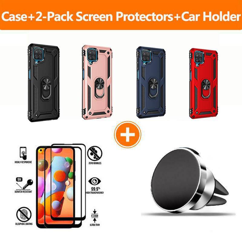 Samsung A42(5G) Luxury Armor Ring Bracket Phone Case With 2-Pack Tempered Glass Screen Protectors - Libiyi